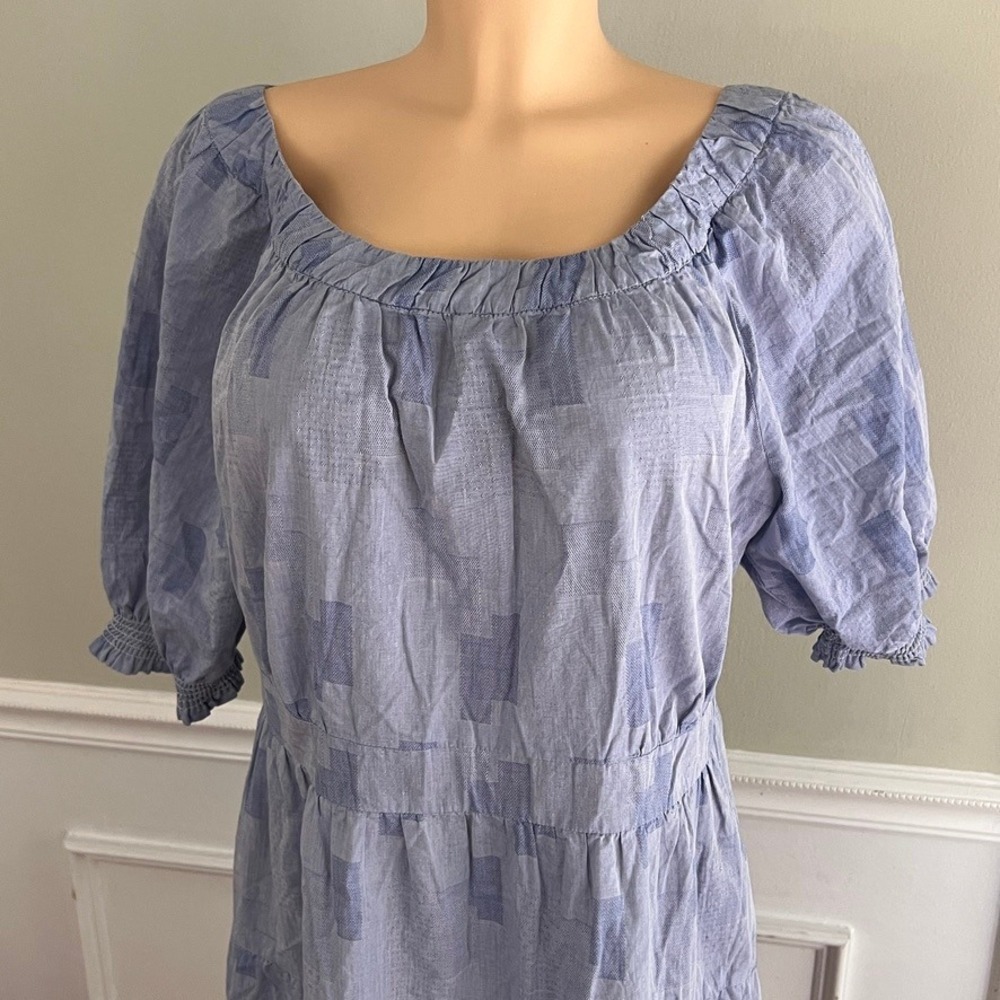 DKNY Tiered Midi Dress Womens 14 Cotton Puff Sleeve‎ Blue Geometric Cottagecore - Picture 6 of 11